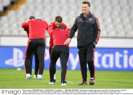 - BRUGGE, BELGIUM: Manchester s head coach Louis van Gaal pictured during a training session of British soccer club Manchester United ManU in Brugge, Tuesday 25 August 2015. Tomorrow Belgian first league soccer team Club Brugge will play the return game of the play-offs of the Uefa Champions League competition against British soccer club Manchester United FC. Manchester United won the first leg 3-1. BRUNOxFAHY  x04687020x