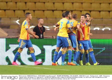 EQUIPE DE FOOTBALL DE VALENCE - JOSE GAYA (val) - Rodrigo (val) - JOIE - Champions League Quali, AS Monaco vs. Valencia CF - 25 08 2015 FEP Panoramic 