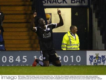25.08.2015. Bury, England. Capital One Cup 2nd Round. Bury versus Leicester City. Leicester s Joe Doboo celebrates scoring his side s first goal. xAlanxMartinx  ActionPlus11653650