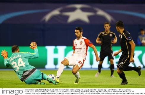 UEFA Champions League play-offs - second leg - GNK Dinamo - KF Skenderbeu 25.08.2015., stadium Maksimir, Zagreb, Croatia - UEFA Champions League play-offs, second leg, GNK Dinamo - KF Skenderbeu. Eduardo, Kristi Vangjeli.  SlavkoxMidzor PIXSELL