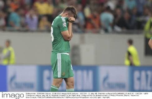 SOCCER - CL play off, Shakhtar vs Rapid LVIV,UKRAINE,25.AUG.15 - SOCCER - UEFA Champions League, play off, FC Shakhtar Donetsk vs SK Rapid Wien. Image shows the disappointment of Philipp Prosenik (Rapid). Keywords: Wien Energie. GEPAxpictures xPhilippxBrem