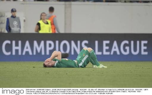 SOCCER - CL play off, Shakhtar vs Rapid LVIV,UKRAINE,25.AUG.15 - SOCCER - UEFA Champions League, play off, FC Shakhtar Donetsk vs SK Rapid Wien. Image shows the disappointment of Robert Beric (Rapid). Keywords: Wien Energie. GEPAxpictures xPhilippxBrem