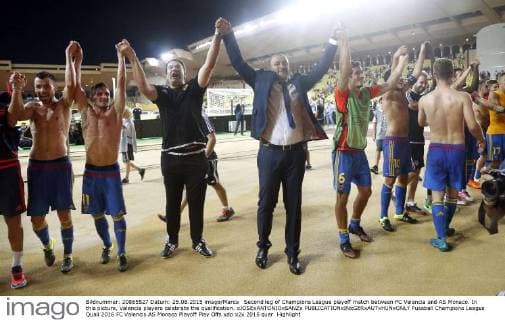 Second leg of Champions League playoff match between FC Valencia and AS Monaco. In this picture, Valencia players celebrate the qualification. xJOSExANTONIOxSANZx 