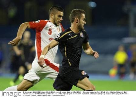 Zagreb, 25.8.2015. - Champions League, Play-Offs 2nd leg, Stadion Maksimir, GNK Dinamo (blue) - KF Skenderbeu (white) 4:1 Ivo PINTO (6) vs Bajram JASHANICA (5)