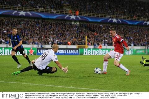 Manchester United ManU s Wayne Rooney scoring his sides opening goal Champions League Play-Off 2nd Leg - Club Brugge vs Manchester United - Jan Breydel Stadium - Belgium - 26th August 2015 - Picture David Klein Sportimage EDITORIAL USE ONLY. No use with unauthorised audio, video, data, fixture lists, club league logos or live services. Online in-match use limited to 120 images, no video emulation. No use in betting, games or single club league player publications.