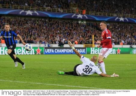 Manchester United ManU s Wayne Rooney scoring his sides opening goal Champions League Play-Off 2nd Leg - Club Brugge vs Manchester United - Jan Breydel Stadium - Belgium - 26th August 2015 - Picture David Klein Sportimage EDITORIAL USE ONLY. No use with unauthorised audio, video, data, fixture lists, club league logos or live services. Online in-match use limited to 120 images, no video emulation. No use in betting, games or single club league player publications.