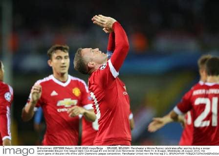 - BRUGGE, BELGIUM: Manchester s Wayne Rooney celebrates after scoring during a soccer game between Belgian first league team Club Brugge KV and British club Manchester United ManU FC in Brugge, Wednesday 26 August 2015, the return game of the play-offs of the UEFA Champions League competition. Manchester United won the first leg 3-1. BRUNOxFAHY  x04687510x