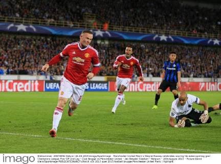 Manchester United ManU s Wayne Rooney celebrates scoring his sides opening goal Champions League Play-Off 2nd Leg - Club Brugge vs Manchester United - Jan Breydel Stadium - Belgium - 26th August 2015 - Picture David Klein Sportimage EDITORIAL USE ONLY. No use with unauthorised audio, video, data, fixture lists, club league logos or live services. Online in-match use limited to 120 images, no video emulation. No use in betting, games or single club league player publications.