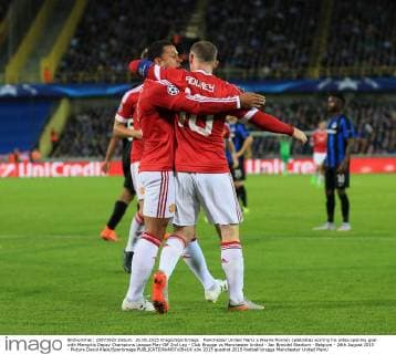 Manchester United ManU s Wayne Rooney celebrates scoring his sides opening goal with Memphis Depay Champions League Play-Off 2nd Leg - Club Brugge vs Manchester United - Jan Breydel Stadium - Belgium - 26th August 2015 - Picture David Klein Sportimage EDITORIAL USE ONLY. No use with unauthorised audio, video, data, fixture lists, club league logos or live services. Online in-match use limited to 120 images, no video emulation. No use in betting, games or single club league player publications.