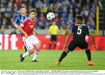 - BRUGGE, BELGIUM: Manchester s Adnan Januzaj and Club s Jean-Charles Castelletto fight for the ball during a soccer game between Belgian first league team Club Brugge KV and British club Manchester United ManU FC in Brugge, Wednesday 26 August 2015, the return game of the play-offs of the UEFA Champions League competition. Manchester United won the first leg 3-1. BRUNOxFAHY  x04687533x