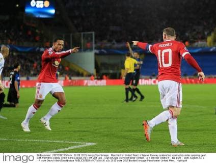 Manchester United ManU s Wayne Rooney celebrates scoring his sides opening goal with Memphis Depay Champions League Play-Off 2nd Leg - Club Brugge vs Manchester United - Jan Breydel Stadium - Belgium - 26th August 2015 - Picture David Klein Sportimage EDITORIAL USE ONLY. No use with unauthorised audio, video, data, fixture lists, club league logos or live services. Online in-match use limited to 120 images, no video emulation. No use in betting, games or single club league player publications.