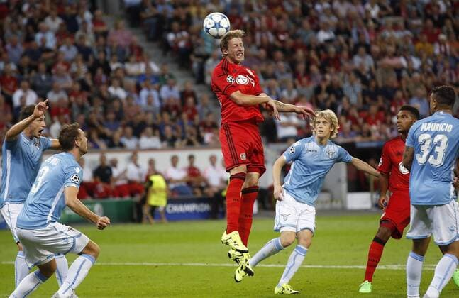 Stefan Kießling (Bayer 04 Leverkusen) (M) with a header (M) during the Championsleague Qualification between Bayer 04 Leverkusen and Lazio Rom, Bayarena in Leverkusen on August 26., 2015. Bayer 04 Leverkusen vs. Lazi Rom in der Qualifikation der Champions League der Saison 2015 2016 am 26. August 2015.