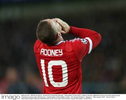 Manchester United ManU s Wayne Rooney celebrates scoring his sides opening goal Champions League Play-Off 2nd Leg - Club Brugge vs Manchester United - Jan Breydel Stadium - Belgium - 26th August 2015 - Picture David Klein Sportimage EDITORIAL USE ONLY. No use with unauthorised audio, video, data, fixture lists, club league logos or live services. Online in-match use limited to 120 images, no video emulation. No use in betting, games or single club league player publications.