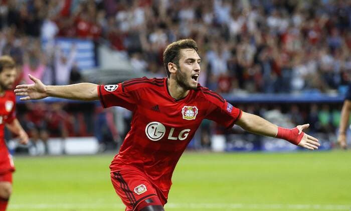 Hakan Calhanoglu (Bayer 04 Leverkusen) celebrates scoring the 1:0 goal during the Championsleague Qualification between Bayer 04 Leverkusen and Lazio Rom, Bayarena in Leverkusen on August 26., 2015. Bayer 04 Leverkusen vs. Lazi Rom in der Qualifikation der Champions League der Saison 2015 2016 am 26. August 2015.