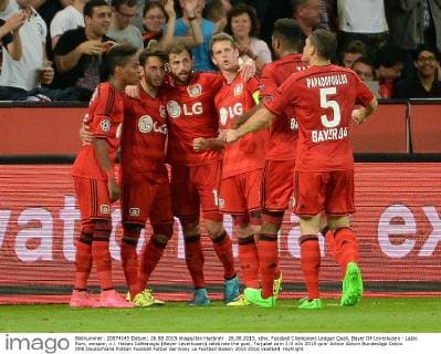 26.08.2015, xjhx, Fussball Champions League Quali, Bayer 04 Leverkusen - Lazio Rom, emspor, v.l. Hakan Calhanoglu (Bayer Leverkusen) celebrate the goal, Torjubel zum 1:0