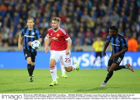 - BRUGGE, BELGIUM: Manchester s Luke Shaw and Club s Abdoulay Diaby fight for the ball during a soccer game between Belgian first league team Club Brugge KV and British club Manchester United ManU FC in Brugge, Wednesday 26 August 2015, the return game of the play-offs of the UEFA Champions League competition. Manchester United won the first leg 3-1. BRUNOxFAHY x04687542x