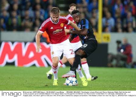 - BRUGGE, BELGIUM: Manchester s Luke Shaw and Club s Abdoulay Diaby fight for the ball during a soccer game between Belgian first league team Club Brugge KV and British club Manchester United ManU FC in Brugge, Wednesday 26 August 2015, the return game of the play-offs of the UEFA Champions League competition. Manchester United won the first leg 3-1. BRUNOxFAHY x04687567x