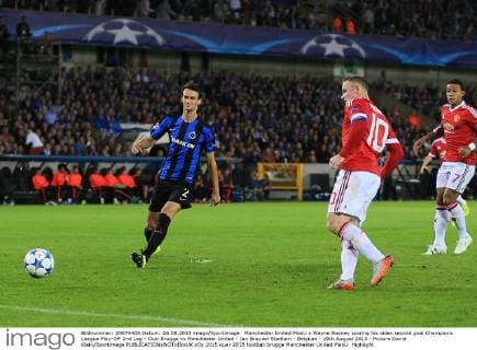 Manchester United ManU s Wayne Rooney scoring his sides second goal Champions League Play-Off 2nd Leg - Club Brugge vs Manchester United - Jan Breydel Stadium - Belgium - 26th August 2015 - Picture David Klein Sportimage EDITORIAL USE ONLY. No use with unauthorised audio, video, data, fixture lists, club league logos or live services. Online in-match use limited to 120 images, no video emulation. No use in betting, games or single club league player publications.