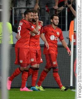 26.08.2015, xjhx, Fussball Champions League Quali, Bayer 04 Leverkusen - Lazio Rom, emspor, v.l. Karim Bellarabi (Bayer Leverkusen), Admir Mehmedi (Bayer Leverkusen), Hakan Calhanoglu (Bayer Leverkusen) celebrate the goal, Torjubel zum 2:0