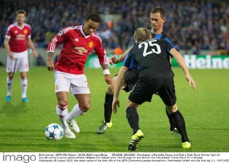 - BRUGGE, BELGIUM: Manchester s Memphis Depay and Club s Rudy Ruud Vormer fight for the ball during a soccer game between Belgian first league team Club Brugge KV and British club Manchester United ManU FC in Brugge, Wednesday 26 August 2015, the return game of the play-offs of the UEFA Champions League competition. Manchester United won the first leg 3-1. KURTxDESPLENTER x04687602x