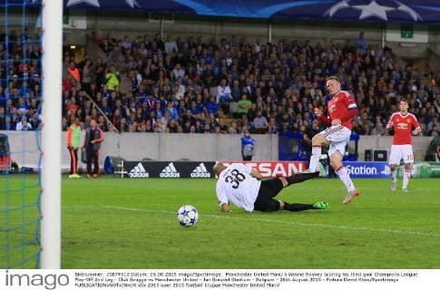 Manchester United ManU s Wayne Rooney scoring his third goal Champions League Play-Off 2nd Leg - Club Brugge vs Manchester United - Jan Breydel Stadium - Belgium - 26th August 2015 - Picture David Klein Sportimage EDITORIAL USE ONLY. No use with unauthorised audio, video, data, fixture lists, club league logos or live services. Online in-match use limited to 120 images, no video emulation. No use in betting, games or single club league player publications.