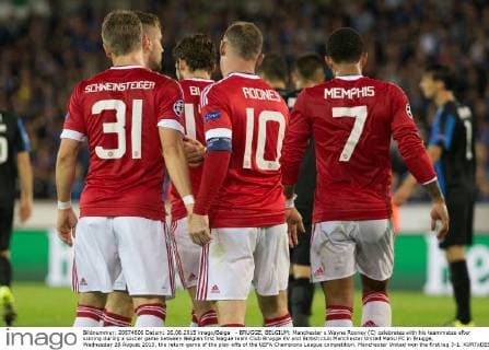 - BRUGGE, BELGIUM: Manchester s Wayne Rooney (C) celebrates with his teammates after scoring during a soccer game between Belgian first league team Club Brugge KV and British club Manchester United ManU FC in Brugge, Wednesday 26 August 2015, the return game of the play-offs of the UEFA Champions League competition. Manchester United won the first leg 3-1. KURTxDESPLENTER x04687645x