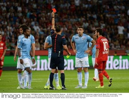 26.08.2015, xjhx, Fussball Champions League Quali, Bayer 04 Leverkusen - Lazio Rom, emspor, v.l. Mauricio (Lazio Rom) Gelbe-Rote Karte fuer, receive a yellow-red card,