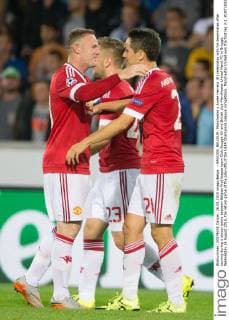 - BRUGGE, BELGIUM: Manchester s Ander Herrera (R) celebrates with his teammates after scoring during a soccer game between Belgian first league team Club Brugge KV and British club Manchester United ManU FC in Brugge, Wednesday 26 August 2015, the return game of the play-offs of the UEFA Champions League competition. Manchester United won the first leg 3-1. KURTxDESPLENTER x04687660x