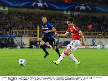 Manchester United ManU s Ander Herrera scoring his sides fourth goal Champions League Play-Off 2nd Leg - Club Brugge vs Manchester United - Jan Breydel Stadium - Belgium - 26th August 2015 - Picture David Klein Sportimage EDITORIAL USE ONLY. No use with unauthorised audio, video, data, fixture lists, club league logos or live services. Online in-match use limited to 120 images, no video emulation. No use in betting, games or single club league player publications.