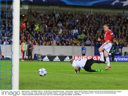 Manchester United ManU s Wayne Rooney scoring his third goal Champions League Play-Off 2nd Leg - Club Brugge vs Manchester United - Jan Breydel Stadium - Belgium - 26th August 2015 - Picture David Klein Sportimage EDITORIAL USE ONLY. No use with unauthorised audio, video, data, fixture lists, club league logos or live services. Online in-match use limited to 120 images, no video emulation. No use in betting, games or single club league player publications.