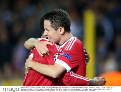 Manchester United ManU s Ander Herrera celebrates scoring his sides fourth goal Champions League Play-Off 2nd Leg - Club Brugge vs Manchester United - Jan Breydel Stadium - Belgium - 26th August 2015 - Picture David Klein Sportimage EDITORIAL USE ONLY. No use with unauthorised audio, video, data, fixture lists, club league logos or live services. Online in-match use limited to 120 images, no video emulation. No use in betting, games or single club league player publications.