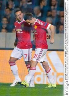 - BRUGGE, BELGIUM: Manchester s Ander Herrera (R) celebrates with his teammate Memphis Depay after scoring during a soccer game between Belgian first league team Club Brugge KV and British club Manchester United ManU FC in Brugge, Wednesday 26 August 2015, the return game of the play-offs of the UEFA Champions League competition. Manchester United won the first leg 3-1. KURTxDESPLENTER x04687667x