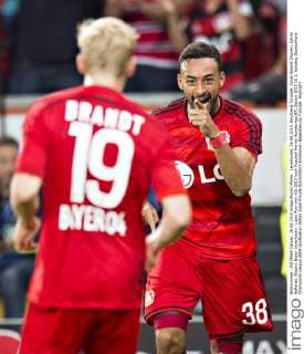 Leverkusen, 26.08.2015, BayArena Torjubel: Julian Brandt (Bayer), Karim Bellarabi (Bayer) Bayer Leverkusen - Lazio Rom mm