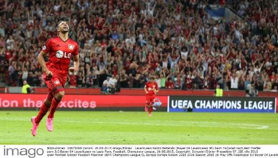 Leverkusen Karim Bellarabi (Bayer 04 Leverkusen 38) beim Torjubel nach dem Treffer zum 3:0 Bayer 04 Leverkusen vs Lazio Rom, Fussball, Champions-League, 26.08.2015, Copyright: Schueler Eibner-Pressefoto EP_JSE