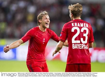 Leverkusen, 26.08.2015, BayArena Jubel: Stefan Kiessling (Bayer), Christoph Kramer (Bayer) Bayer Leverkusen - Lazio Rom mm