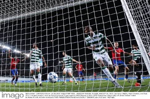 MOSCOW REGION, RUSSIA. AUGUST 26, 2015. Sporting s Naldo, Paulo Oliveira, and Ruiz (R-L in striped jerseys) react as Sporting scores a goal against CSKA Moscow in their UEFA Champions League play-off series football match at Arena Khimki. Artyom Korotayev TASS  TS00B84E