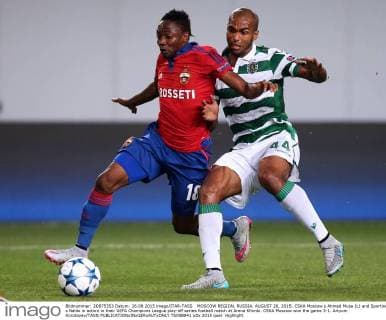 MOSCOW REGION, RUSSIA. AUGUST 26, 2015. CSKA Moscow s Ahmed Musa (L) and Sporting s Naldo in action in their UEFA Champions League play-off series football match at Arena Khimki. CSKA Moscow won the game 3-1. Artyom Korotayev TASS  TS00B841