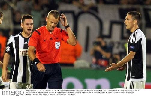 26.08.2015 Belgrade(Serbia) FK Partizsan-FC bate Borisov Play off 2nd leg champions league men s football Andrija Zivkovic (L) and Miroslav Vulicevic(r) FK Partizan angry at Svein Oddvar Moen(c) Norwegian referee : 
