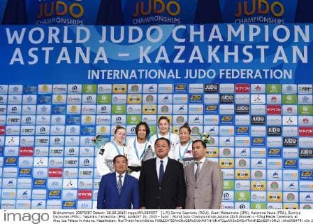 (L-R) Corina Caprioriu (ROU), Kaori Matsumoto (JPN), Automne Pavia (FRA), Sumiya Dorjsuren (MGL), Yasuhiro Yamashita (JPN), AUGUST 26, 2015 - Judo : World Judo Championships Astana 2015 Women s -57kg Medal Ceremony at Alau Ice Palace in Astana, Kazakhstan. NoxThirdxPartyxSales  (dlra008478)