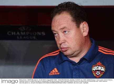 MOSCOW REGION, RUSSIA. AUGUST 26, 2015. CSKA Moscow s head coach Leonid Slutsky watches action in a UEFA Champions League play-off series football match between CSKA Moscow and Sporting CP at Arena Khimki. CSKA Moscow won the game 3-1. Artyom Korotayev TASS  TS00B82F
