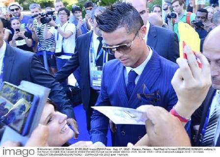 Aug. 27, 2015 - Monaco, Monaco - Real Madrid forward CRISTIANO RONALDO walking in the Forum Grimaldi Blue Carpet to attend the best Europe soccer player election 2015. Soccer 2015 - UEFA Champions League 2015 - 16 Draws  - ZUMAm119