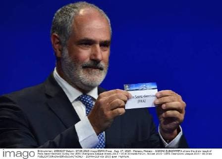 Aug. 27, 2015 - Monaco, Monaco - ANDONI ZUBIZARRETA shows the draw result of Paris Saint-Germain during the UEFA Champions League Draws 2015 - 16 at Grimaldi Forum. Soccer 2015 - UEFA Champions League 2015 - 16 Draw  - ZUMAm119