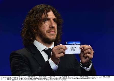 Aug. 27, 2015 - Monaco, Monaco - CARLES PUYOL shows the draw result of Sevilla FC during the UEFA Champions League Draws 2015 - 16 at Grimaldi Forum. Soccer 2015 - UEFA Champions League 2015 - 16 Draw  - ZUMAm119