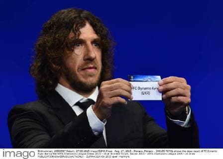 Aug. 27, 2015 - Monaco, Monaco - CARLES PUYOL shows the draw result of FC Dynamo Kyev during the UEFA Champions League Draws 2015 - 16 at Grimaldi Forum. Soccer 2015 - UEFA Champions League 2015 - 16 Draw  - ZUMAm119