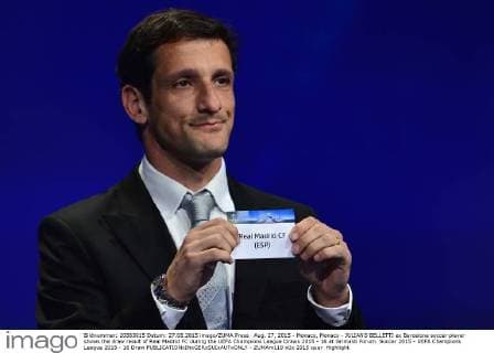 Aug. 27, 2015 - Monaco, Monaco - JULIANO BELLETTI ex Barcelona soccer player shows the draw result of Real Madrid FC during the UEFA Champions League Draws 2015 - 16 at Grimaldi Forum. Soccer 2015 - UEFA Champions League 2015 - 16 Draw  - ZUMAm119