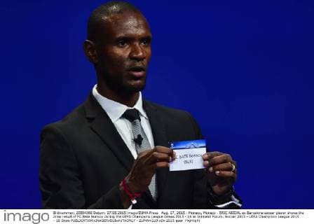 Aug. 27, 2015 - Monaco, Monaco - ERIC ABIDAL ex Barcelona soccer player shows the draw result of FC Bate Borisov during the UEFA Champions League Draws 2015 - 16 at Grimaldi Forum. Soccer 2015 - UEFA Champions League 2015 - 16 Draw  - ZUMAm119