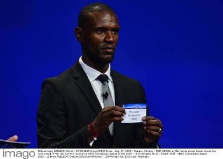 Aug. 27, 2015 - Monaco, Monaco - ERIC ABIDAL ex Barcelona soccer player shows the draw result of Maccabi Tel-Aviv during the UEFA Champions League Draws 2015 - 16 at Grimaldi Forum. Soccer 2015 - UEFA Champions League 2015 - 16 Draw  - ZUMAm119