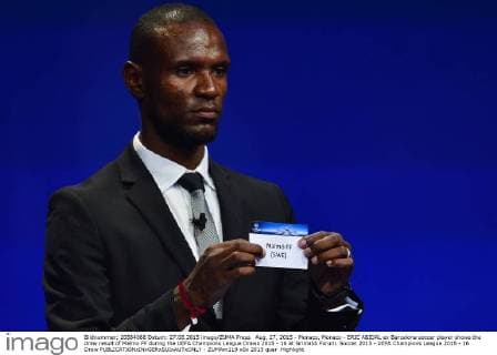 Aug. 27, 2015 - Monaco, Monaco - ERIC ABIDAL ex Barcelona soccer player shows the draw result of Malmo FF during the UEFA Champions League Draws 2015 - 16 at Grimaldi Forum. Soccer 2015 - UEFA Champions League 2015 - 16 Draw  - ZUMAm119
