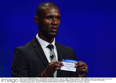 Aug. 27, 2015 - Monaco, Monaco - ERIC ABIDAL ex Barcelona soccer player shows the draw result of VFL Borussia Monchengladbach during the UEFA Champions League Draws 2015 - 16 at Grimaldi Forum. Soccer 2015 - UEFA Champions League 2015 - 16 Draw  - ZUMAm119