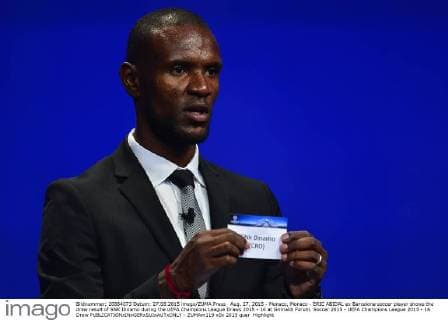 Aug. 27, 2015 - Monaco, Monaco - ERIC ABIDAL ex Barcelona soccer player shows the draw result of SNK Dinamo during the UEFA Champions League Draws 2015 - 16 at Grimaldi Forum. Soccer 2015 - UEFA Champions League 2015 - 16 Draw  - ZUMAm119